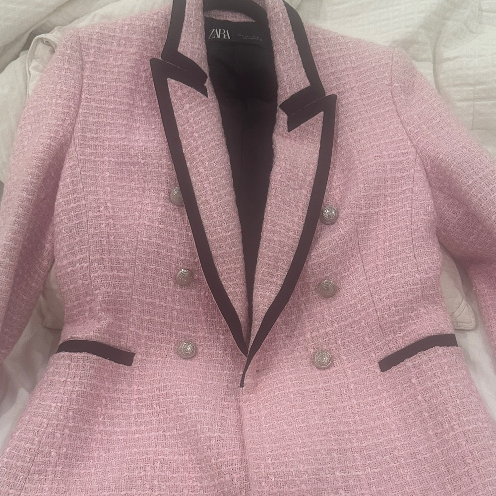 Zara Pink Textured Blazer with Black Trim